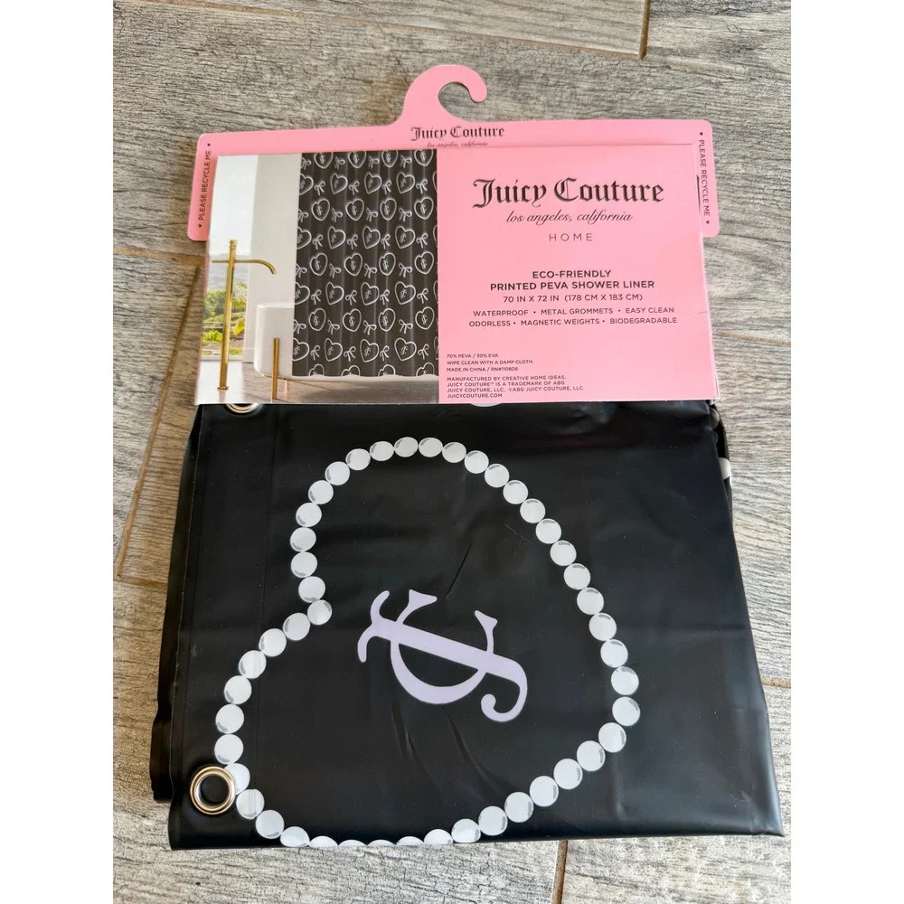 Juicy Couture Shower Curtain Liner 70x72 Black Pearl Heart Bow PEVA NWT Monogram